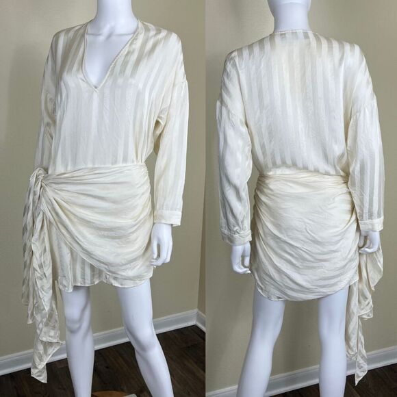 Michelle Mason Womens Size 4 Ivory Crepe Silk Satin Stripe Mini Wrap Shirt Dress - Picture 1 of 15